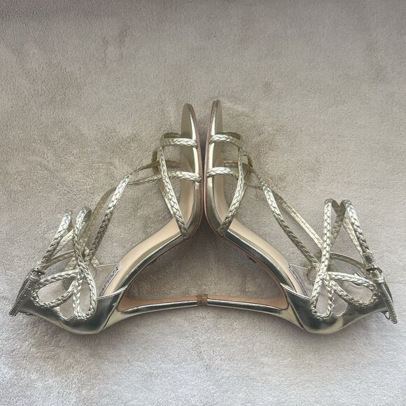 Badgley Mischka Metallic Gold Strappy Stiletto Heel Sandal Women 8.5 Braided Zip - Picture 5 of 16